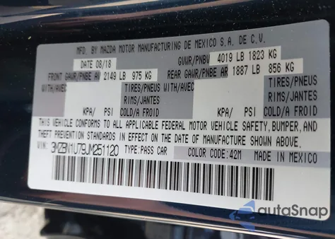 2018 Mazda Mazda3 Sport z USA, uszkodzony, nr VIN 3MZBN1U79JM251120